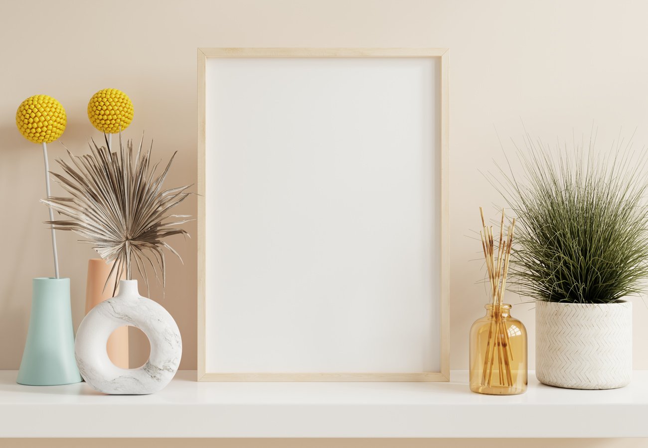 Mockup poster with vertical wooden frame in home interior background.